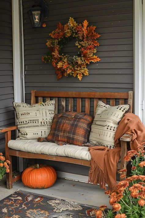 21 Cozy Fall Decor Ideas will inspire you to embrace the season and enjoy everything autumn offers. #modernfalldecor #cozyhome #homedecorideaslivingroom #modernfalldecor Modern Front Porch Decor, Porch Fall Decorating Ideas, Fall Patio Decor, Fall Cabin, Fall Deck, Outdoor Fall Decor Ideas, Fall Patio, Outdoor Fall Decor, Fall Front Porch Decor Ideas