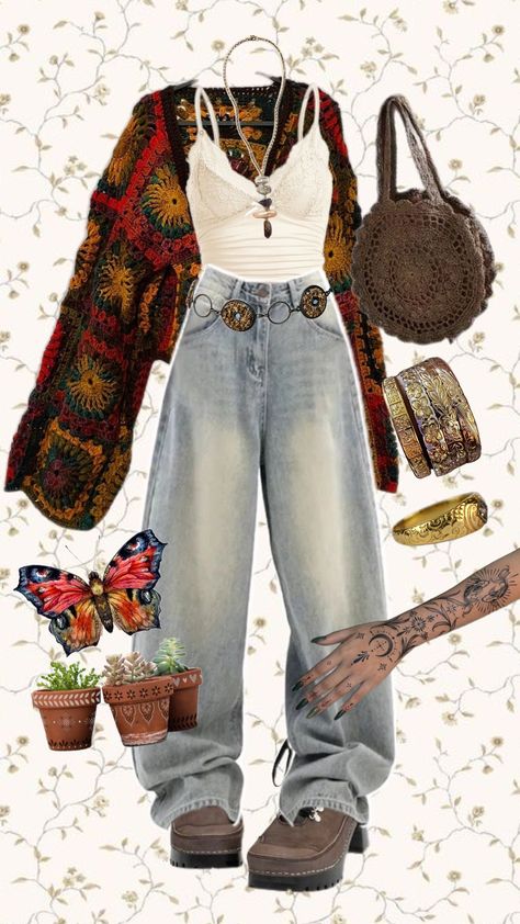 #boho #bohoaesthetic #natureaesthetic #crochet Boho Trousers Outfit, Boho Artsy Outfit, Hippy Winter Fits, Crane Wives Concert Outfit, Neosoul Aesthetic Outfits, Boho Outfits For Winter, Thee Sacred Souls Outfit, Boho Outfits Winter Bohemian, Boho Sweater Outfit