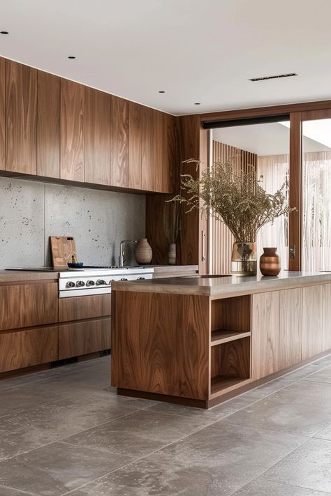 Wood Cabinets Concrete Floor, Nordic Nature Kitchen, Modern Kitchens With Wood Cabinets, Mid Century Modern Kitchen Design Wood Cabinets, Walnut Wood Kitchen Cabinets, Kitchens With Walnut Cabinets, Walnut Wood Cabinets, Kitchen With Vaulted Ceilings, Natural Material Kitchen