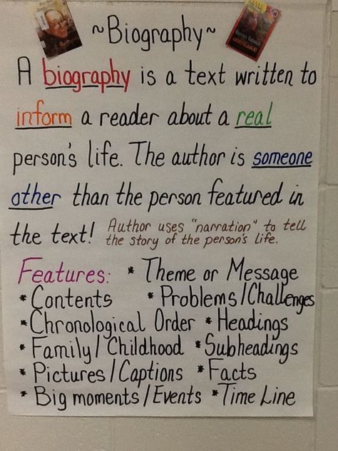 What a Biography is about, who writes it, and what are its features. Autobiography Template, Biography Lesson, Biography Projects, Biography Project, Writing A Biography, Family Tree Chart, Reading Anchor Charts, 5th Grade Reading, Biography Books