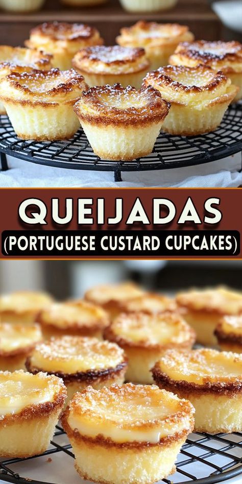 Take a bite of Portugal with these Queijadas – delightful custard cupcakes with a caramelized top and a soft, creamy center. 🧁 These are easy to make and perfect for any occasion, from tea time to parties. 💡 Save this recipe and bake a taste of Portugal today! #PortugueseDesserts #Queijadas #CustardLovers #BakingJoy #CupcakeGoals #EasyDesserts Portuguese Dessert Recipes Portugal, Custard Cups Recipe, Custard Cupcakes, Portuguese Custard Tart Recipe, Custard Recipe Easy, Portuguese Custard Tarts, Portuguese Tarts, Portuguese Dessert Recipes, Custard Tarts Recipe