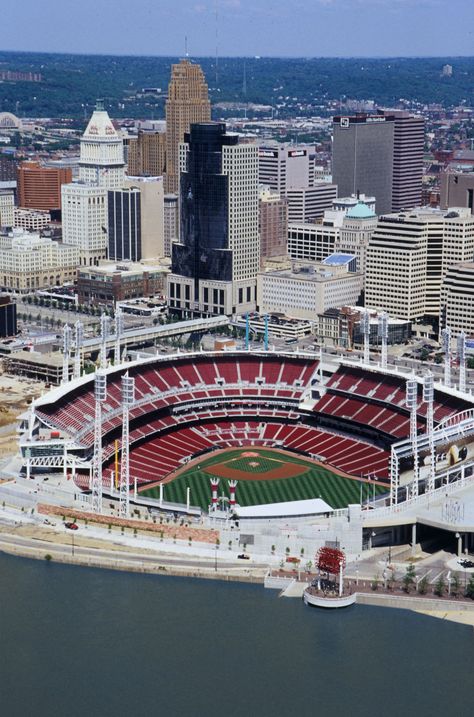 The "Great American Ballpark" home of the Cincinnati Reds! Great American Ballpark, Major League Baseball Stadiums, Cincinnati Skyline, Mlb Stadiums, Baseball Park, Cincinnati Reds Baseball, Sports Stadium, Baseball Stadium, Stadium Tour