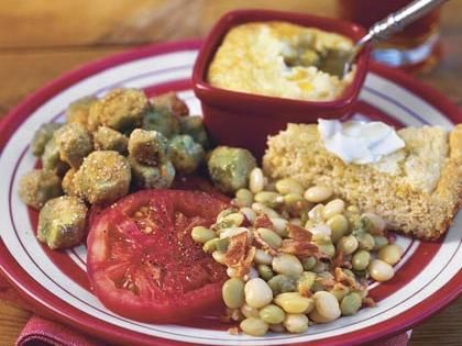 Butterbeans and Bacon Vegetable Plate Dinner, Charleston Red Rice, Bean Side Dish Recipes, Cornbread Dishes, Catfish Stew, Bean Side Dish, Frogmore Stew, Lowcountry Boil, Growing Rice