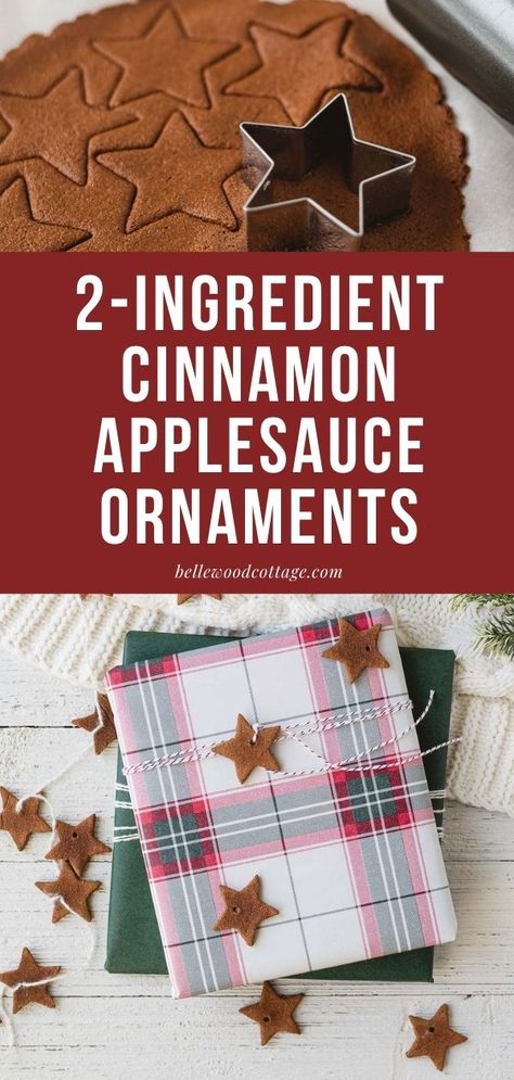 These 2-ingredient cinnamon applesauce ornaments are so easy to make (especially with kids)! The dough is just two ingredients (no glue) and you can either pop these in the oven to dry or choose the "no-bake" air-dry version. Use the dough to cut out shapes for ornaments, gift tags, garlands, and more. And don't stop there, once the cinnamon ornaments are dry, you can decorate to your heart's content! A great Christmas craft for kids and grown-ups alike! Cinnamon Decorations Diy, Applesauce And Cinnamon Ornaments, Cmas Gifts, Applesauce Cinnamon Ornaments, Cinnamon Garland, Cinnamon Ornament Recipe, Applesauce Ornaments, Cinnamon Applesauce Ornaments, Prek Christmas