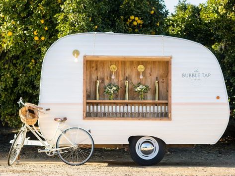 A Trailer With Champagne on Tap, and 5 Other Roaming Bars You Can Rent for Your Wedding | TheKnot.com Tap Trailer, Canned Ham Camper, Camper Bar, Mobile Wedding, Canned Ham, Champagne Bar, Horse Trailers, Vintage Trailer, Mobile Bar