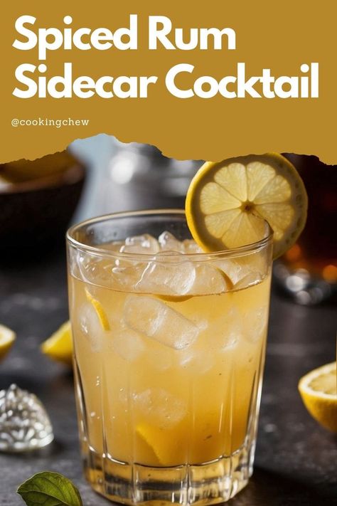 A spiced rum sidecar cocktail in a coupe glass with a lemon garnish. Sidecar Recipe, Spiced Rum Recipes, Spiced Rum Drinks, Spiced Rum Cocktails, Gf Cooking, Sidecar Cocktail, Rum Drinks Recipes, Unique Cocktail Recipes, Rum Cocktail Recipes