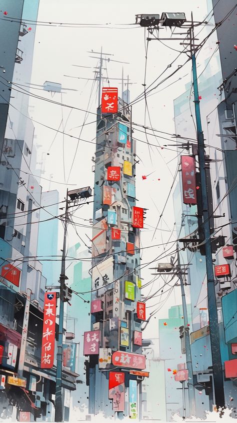 Japanese street with signs and skyscrapers and light cables Wu Guanzhong --niji --ar 9:16 Japanese Skyscraper, Wu Guanzhong, Japanese Street, Environment Concept Art, Skyscraper, Art Reference, Concept Art, Signs, Art