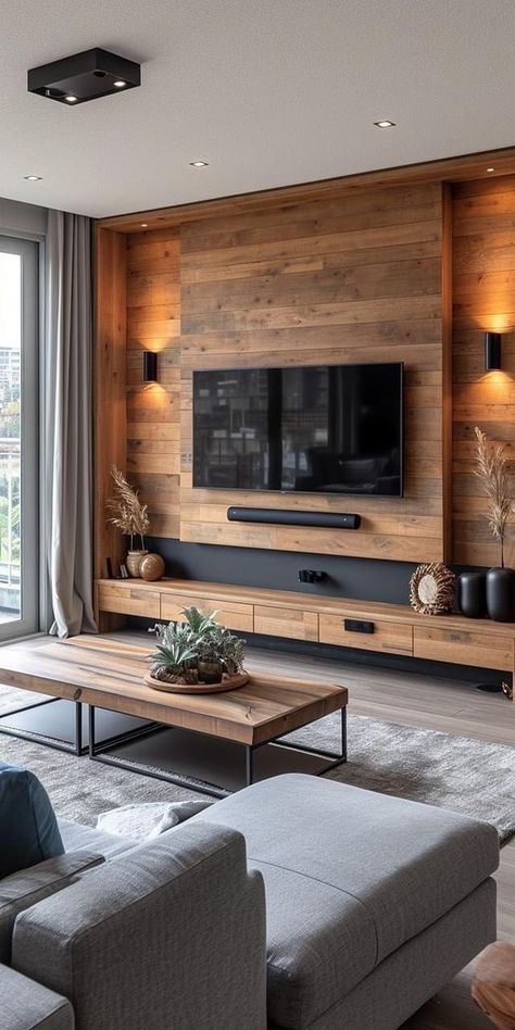 Tv Rustic Wall Ideas, Television In Living Room, Wood Style Living Room, Cosy Living Room Ideas Warm, Male Apartment Decor, Tv Room Ideas Cozy, Wooden Tv Wall, Wooden Wall Living Room, Family Room Design With Tv