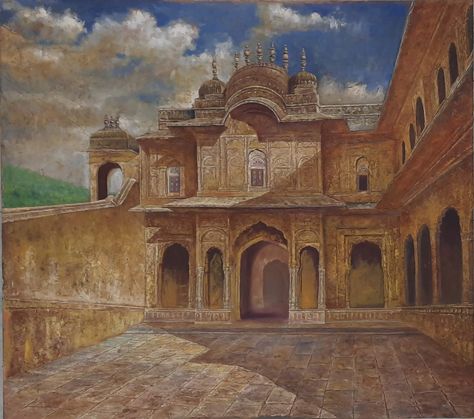 Fort Painting, Painting Historical, Bird Pencil Drawing, Painting Tiger, Vintage Art Wall, Amer Fort, Agra Fort, Cityscape Art, Historical Art