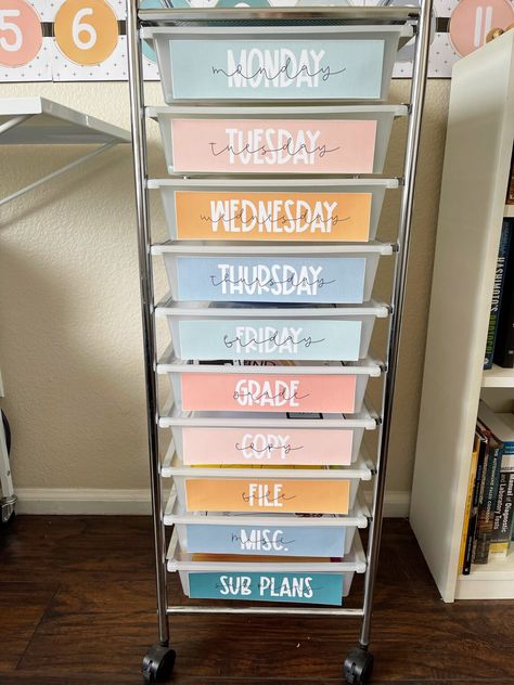 Organize Like a Pro: 3 Tools to Tame the Teacher Paper Trail - Shayna Vohs Teacher Drawer Cart, Colors Classroom Theme, Calm Colors Classroom, Colors Classroom Decor, Cactus Classroom Decor, Teacher Desk Organization, Back To School Elementary, Cactus Classroom, Drawer Cart