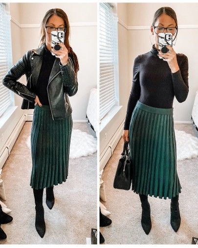 Green Velvet Skirt Outfits, Pleated Skirt Outfit Fall, Green Pleated Skirt Outfit, Pencil Skirt Outfits Winter, Velvet Skirt Outfit, Pleated Skirt Winter, Pleated Midi Skirt Outfit, Midi Skirt Outfit Winter, Green Skirt Outfits