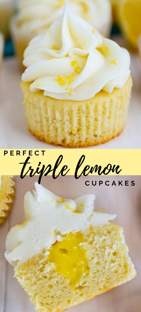 Triple Lemon Cupcakes, Lemon Custard Filled Cupcakes, Lemon Custard Cupcakes, Lemon Filled Cupcakes Easy, The Best Lemon Cupcakes, Lemon Bar Cupcakes, Lemon Cupcake Design, Lemon Filled Cupcakes From Box Cake, Lemon Curd Filled Cupcakes