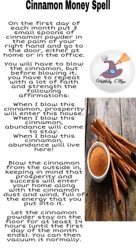 New Moon Cinnamon Ritual, Cinnamon Affirmations, Cinnamon For Prosperity, Money Rituals Magic Spells Cinnamon, Abundance Spell Chant, Cinnamon Ritual For Money, Cinnamon Money Rituals, Cinnamon Front Door Spell, Cinnamon Spell For Money