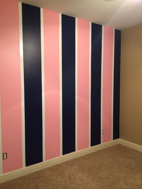 Posh Pink, Dark Diversion, and Designer White striped accent wall for nursery! Used Clark and Kensington brand paint. Posh Pink and Dark Diversion in semi-gloss. The Designer White in high gloss! Accent Wall For Nursery, Striped Accent Wall, Room Paint Designs, Pink Cabinets, Stripping Paint, Wall Frames, Pink Dark, Room Makeover Inspiration, Room Decorations