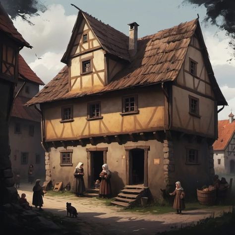 czech medieval poor family house, children around, b... Medieval Bakery Concept Art, Poor Family, Medieval Houses, Save File, Art Dark, Building Ideas, Medieval Art, House Layouts, Family House