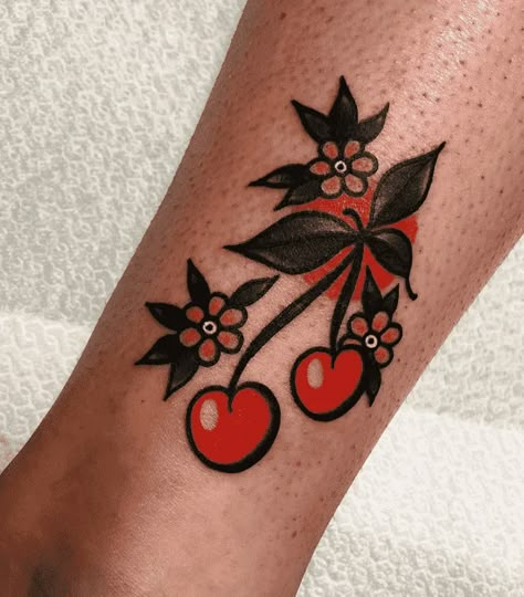 Cherry And Dice Tattoo, American Traditional Tattoos Cherry, Traditional Tattoo Cherries, Tradition Tattoo Woman, Old School Cherry Tattoo, Anti Valentine’s Day Tattoos, Cherry American Traditional Tattoo, American Traditional Cherries, Traditional Cherries Tattoo