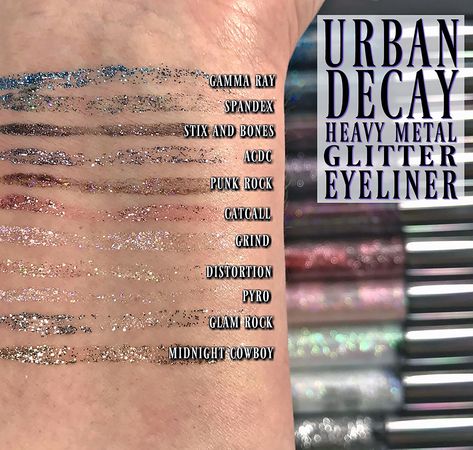 Urban Decay Heavy Metal Glitter Eyeliner Swatches Urban Decay Heavy Metal Glitter Gel, Urban Decay Heavy Metal Eyeliner, Heavy Metal Eyeliner, Metal Eyeliner, Eyeliner For Almond Eyes, Eyeliner Waterline, Eyeliner Tricks, Make Up Eyes, Pure Aloe Vera Gel