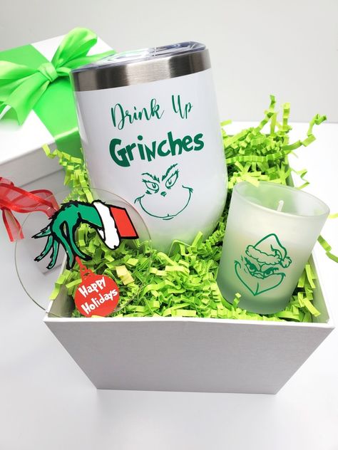 Grinch Gifts Ideas, The Grinch Gift Basket, Grinch Gift Box Ideas, Grinch Wine Tumbler, Grinch Gift Basket Ideas, Drink Up Grinches Tumbler, Grinch Christmas Basket Ideas, Grinch Box Ideas, Grinch Basket Ideas