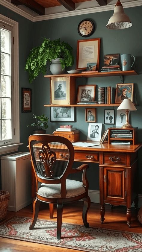 Optimize limited space with clever storage solutions, compact furniture, and stylish decor for a small yet efficient home office. Micro Home Office, Old Study Room Aesthetic, English Cottage Home Office, Compact Home Office Ideas, Secretary Desk In Bedroom, Vintage Home Office Decor, Moody Feminine Office, Small Office In Living Room, Professor Office Aesthetic