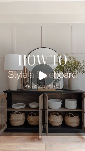 Sarah Ames | Attainable Home Design on Instagram: "How to style a sideboard + a free visual styling guide when you comment WESTBROOK. Plus use code SARAH20 for 20% off your order.  I’m loving the design of the Westbrook sideboard by @bushhome_furniture. I can’t get enough of the exposed wood finish that can be seen through the pane glass doors. The doors are also a beautiful way to store but also display your favourite serving wares. Plus the shelves are deep, allowing for larger items to fit perfectly.  .  . . . . . . #HowToStyle  #StylingTips #InteriorDesignTips #interiorstyling #HomeTips #DesignTips #DecorTips #HomeBlogger #diningroomdecor #diningroomdesign #sideboardstyling #Decoratingtips #interiordesign #interioredesigner #interioredesign" Sideboard Styling Decor Ideas, Side Board Decor Ideas, Decorating A Sideboard, Styling Sideboard, Dining Room Sideboard Styling, Style A Sideboard, Side Board Decor, How To Style A Sideboard, How To Decorate A Sideboard