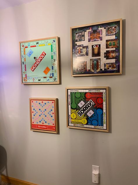 frames for board games with pieces stored in a pocket in the back, and hung on a french cleat. Frame Board Games, Board Games On The Wall, Framed Board Games Wall Art, Framed Board Games, Board Games On Wall, Board Game Wall Art, Game Room Bathroom, Retro Board Games, Board Game Room Decor