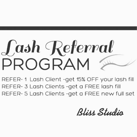 Lash Business Goals, How To Promote Lash Business, Refer A Friend Promotion Ideas Lashes, Lash Tech Promo Ideas, Eyelash Advertising Ideas, Lash Extensions Promo Ideas, Lash Deal Ideas, Lash Referral Program, Lash Brand Name Ideas