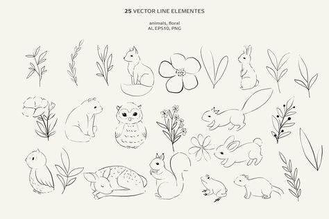 BUNDLE - 80% off - Woodland animals by Jenteva Art on @creativemarket Forest Animal Doodles, Woodland Tattoo, Line Art Animals, Animal Sketches Easy, Etsy Drawing, Draw Nature, Garden Scrapbook, Burlap Signs, Abstract Art Digital