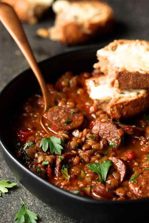 Lentil Chorizo, Spanish Lentil Soup, Soup With Chorizo, Chorizo Soup, Chorizo Recipes, Winter Comfort Food, Cheese Toast, Lentil Recipes, Red Lentil