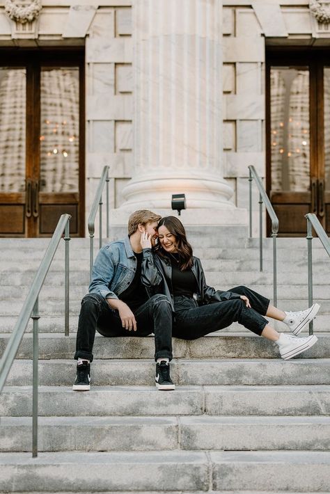 Street Photography For Couple, Couple Leather Jacket Photoshoot, Couple On Steps Photo Ideas, All Black Couples Photoshoot Outfits, Couples Photoshoot Downtown Winter, City Vibe Couple Photoshoot, Casual Outfits Photoshoot Photo Ideas, Downtown Night Couple Photoshoot, Downtown Casual Photoshoot