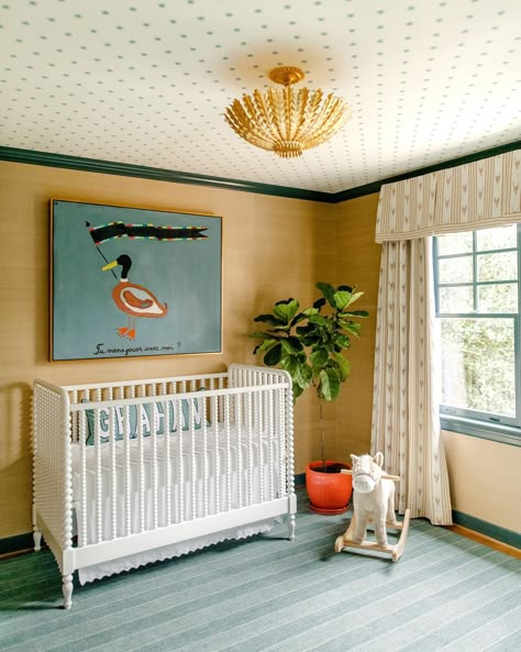 boys nursery striped carpet wallpaper on ceiling grasscloth walls Jenny Lind Crib, Nursery Design Girl, 50's Housewife, Eclectic Nursery, Nursery Room Design, Nursery Room Inspiration, Kid Rooms, Nursery Inspo, Nursery Baby Room