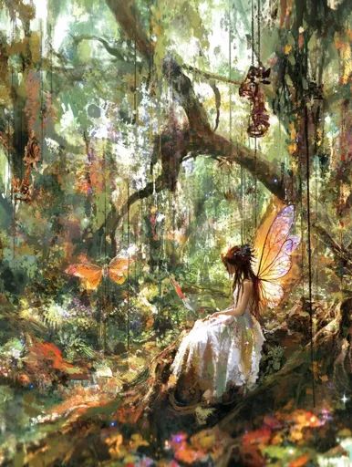 ↑↑↑ Larger size on website 🔸 A whimsical painting depicts a fairy with translucent orange wings seated on a mossy tree trunk in a Forest Fairy Painting, Castle Dollhouse, Fairy Painting, Hanging Objects, Dreamy Forest, Mossy Tree, Dappled Sunlight, Forest Setting, Fairy Paintings