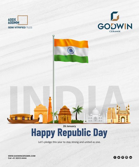 Let’s pledge this year to stay strong and united as one. Happy Republic Day - 26th January #happyrepublicday #republicdayindia #jaihind #godwinceramik #semivitrifiedtiles #vitrifiedtiles #tilesdesign #600x600mm 26 January Republic Day, 26th January, Republic Day India, 26 January, Happy Republic Day, Vitrified Tiles, Tiles Design, Republic Day, Stay Strong