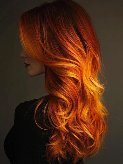 Top Fall Hair Color Ideas for 2024 Aries Hair Color, Spiced Amber Hair Color, Orange Hair With Highlights, Orange Hair Ideas, Amber Hair Colors, Orange Red Hair, Sunset Hair Color, Orange Hair Color, Midnight Blue Hair