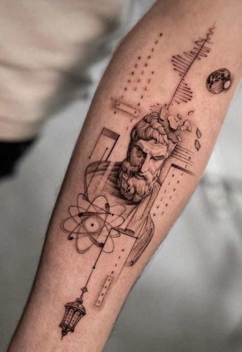 Concept Art Tattoo, Chemistry Atoms, Atomic Tattoo, Scientific Tattoo, Atom Tattoo, New Tattoo Styles, Mysterious Tattoo, Memento Mori Tattoo, Science Tattoo