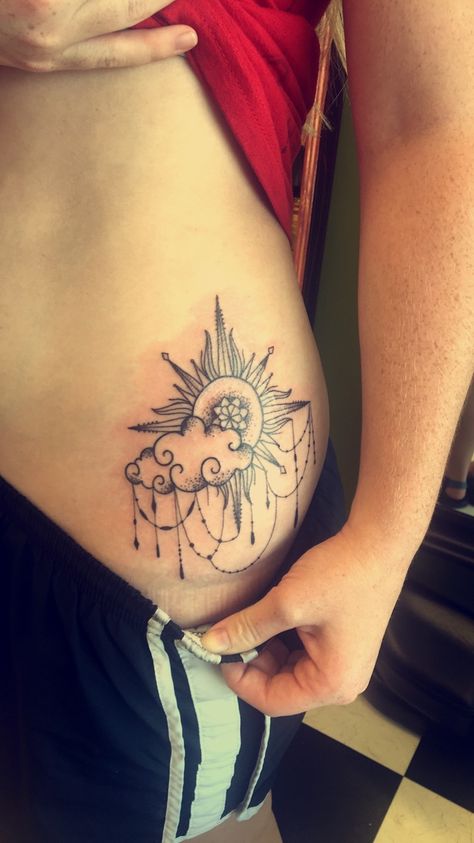 Sun and Cloud tattoo Cloud Hip Tattoo, Sun And Clouds Tattoo Shoulder, Raincloud Tattoo, Good Family Tattoo, Blitz Tattoo, Rain Tattoo, Shoulder Blade Tattoo, Mushroom Tattoos, Petit Tattoo