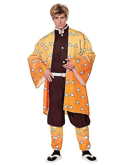 Adult Zenitsu Costume - Demon Slayer - Spirithalloween.com Zenitsu Costume, Zenitsu Cosplay, Disney Baby Costumes, Orange Kimono, Safari Costume, Black And White Jumpsuit, Prisoner Costume, Werewolf Costume, Light Up Costumes