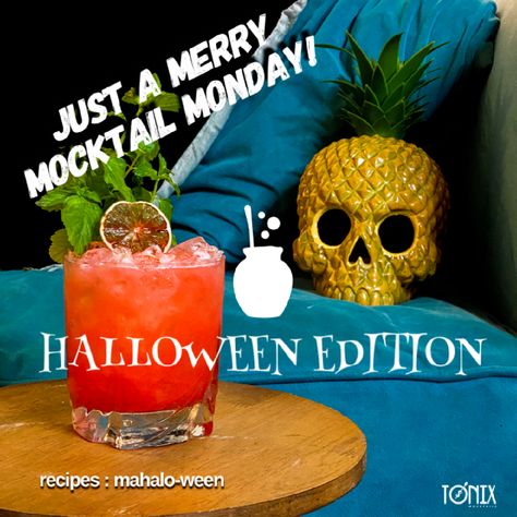 Just a Merry Mocktail Monday with Tonix Mocktails Halloween Edition: Piña Colada with a Little Spooky Drizzle Mocktails Non Alcoholic Spooky, Sleepy Hollow Cocktail, Halloween Cocktails With Malibu, Summerween Mocktails, Witch’s Brew Cocktail, Mint Sprig, Homemade Syrup, Honey Syrup, White Rum