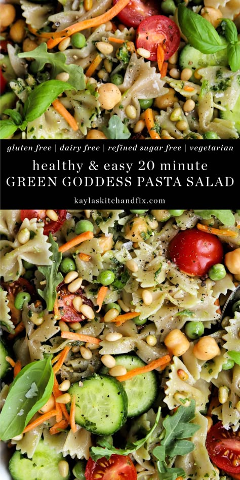 A plant focused and gluten free Green Goddess Pasta Salad that everyone at your table will love. It's versatile, healthy, delicious and vegan friendly! Pasta And Greens Salad, Green Pasta Salad Recipes, Gf Df Salad Recipes, Whole 30 Pasta Salad, Gf Df Pasta Salad, Gluten And Dairy Free Salads, Pasta Salad Recipes Dairy Free, Dairy Free Pasta Salad, Dairy Free Salad