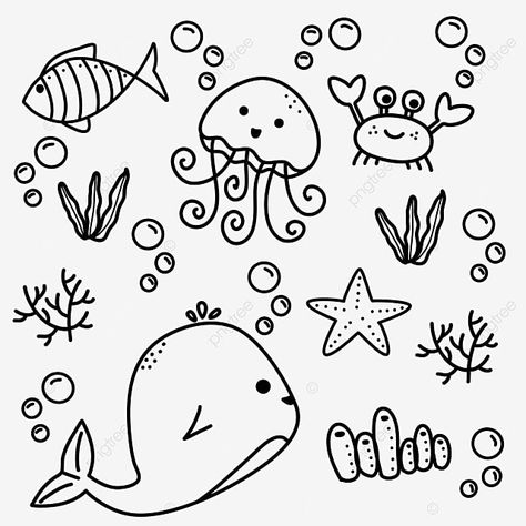 Doodle Art Sea Animals, Simple Sea Creature Drawings, Starfish Doodle, Sea Sketch, Sea Life Clipart, Fish Doodle, Sea Drawing, Doodle Vector, Water Animals