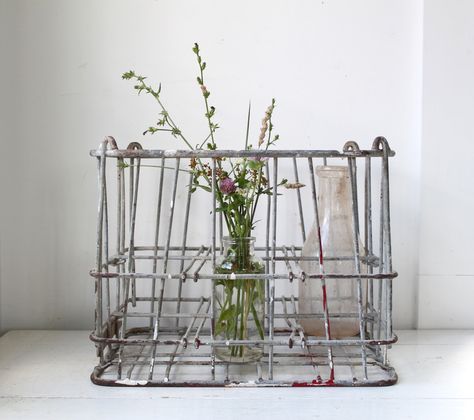 vintage 1940s wire milk crate. Hi Health Dairy, NY. Rustic industrial home decor. Home and garden. Steel wire, red paint.. $33.00, via Etsy. Coffee Table Dog Crate, Wooden Crate Furniture, Apple Crate Shelves, Metal Milk Crates, Wooden Crate Coffee Table, Milk Crate Storage, Small Wooden Crates, Wire Bins, Crate Table