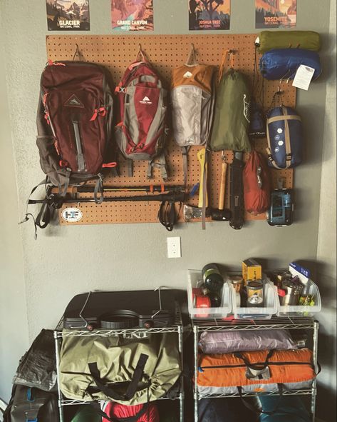 Hiking Gear Room Ideas, Hiking Closet Organization, Hiking Organization, Adventure Gear Storage, Camping Gear Wall, Hiking Gear Storage Wall, Mountaineering Gear Storage, Backpacking Gear Storage, Climbing Gear Organization