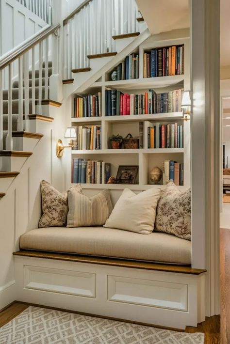 House Reading Corner, Built In Shelves In Nook, Reading Nook Bench Seat, Book Nooks Ideas, Corner Nook Living Room, Reading Nook In Bedroom Small Cozy Corner Comfy Chair, Reading Nook Seating, Fireplace Reading Nook, Closet Turned Into Reading Nook