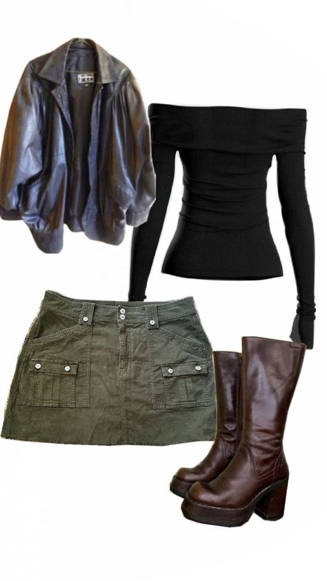 brown boots, black shirt, brown jacket, green skirt Green Jean Skirt Outfit, Short Green Skirt Outfit, Green Skirt Outfit Ideas, Khaki Skirt Outfit, Green And Brown Outfit, Khaki Skirt Outfits, Brown Outfit Aesthetic, Green Skirt Outfits, 21 Bday