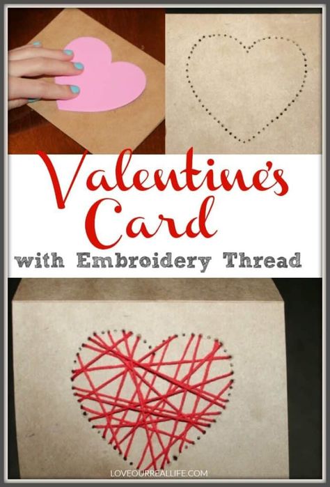 Valentine's Card with Embroidery Thread ⋆ Love Our Real Life String Art Heart, Valentine's Diy, Embroidery Cards Pattern, Valentine Crochet, Embroidery Cards, Primary Activities, Valentine Cards Handmade, Heart Card, Valentine's Card