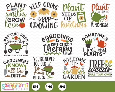 Gardening and plants clipart bundle is perfect for garden lovers! Great for signs, kitchen towels, tote bags and much more Graphics Included: 1. Plant smiles grow love 2. Keep going keep growing 3. Plant seeds of kindness 4. Gardeners know all the dirt 5. You're never too old to play in the dirt 6. Potting shed garden shop 7. Sometimes I wet my plants 8. Welcome to my garden 9. Gardening is dirt cheap therapy 10. Free weeds, pull your own Includes: * High resolution completed JPG file * High res Potting Shed Signs, Garden Signs And Sayings Funny, Gardening Sayings, Plant Seeds Of Kindness, Rebecca King, Gardening Clipart, Garden Quotes Signs, Plant Quotes, Welcome To My Garden