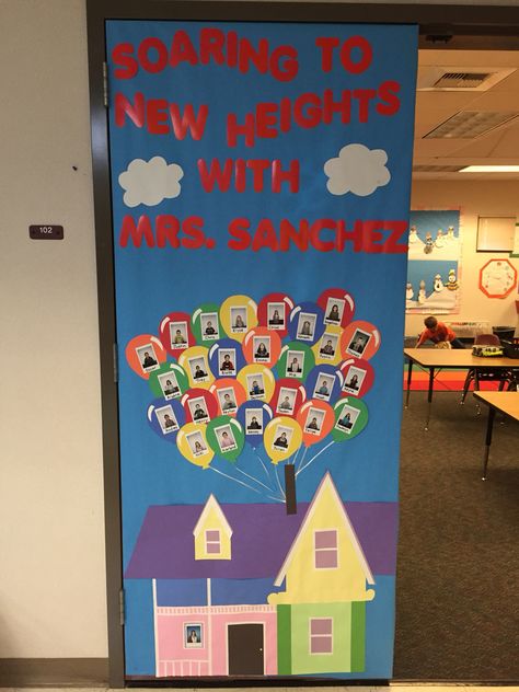 "Up" themed door decoration for Teacher Appreciation Week. Teacher Appreciation Decorations, Volunteer Board, Teacher Appreciation Door Decorations, Teacher Appreciation Poster, Teacher Appreciation Week Themes, Office Boards, Teacher Candle Gift, Teacher Appreciation Doors, Diy Teacher Christmas Gifts