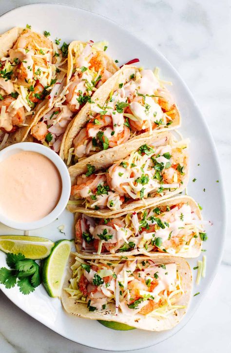 Easy, healthy and, most importantly FABULOUS Shrimp Tacos!! With cabbage and radish slaw for crunch and creamy, spicy Shrimp Taco Sauce! #shrimptacos #easyshrimptacos #shrimptacoswithcabbageslaw Creamy Spicy Shrimp, Spicy Shrimp Taco, Radish Slaw, Shrimp Taco Sauce, Shrimp Tacos Easy, Shrimp Taco, Spicy Shrimp Tacos, Shrimp Taco Recipes, Healthy Shrimp