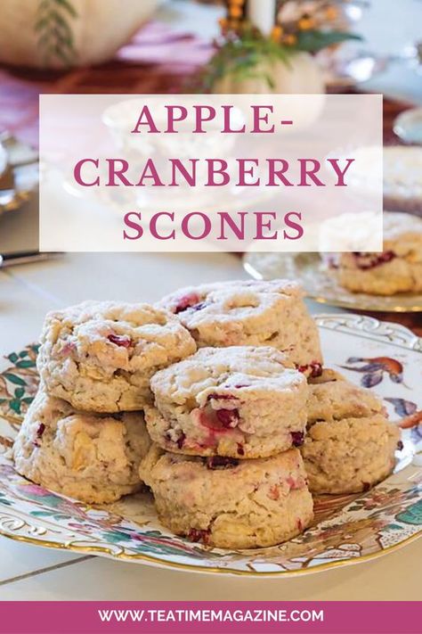 Our scrumptious Apple-Cranberry Scones provide a quintessential taste of fall when accompanied by a teapot of Mark T. Wendell Tea Company's "Spiced Masala Chai Blend." Find the recipe at https://teatimemagazine.com/apple-cranberry-scones/. Desserts Board, Afternoon Tea Scones, Tea Scones, Apple Scones, Baking Scones, Cranberry Scones, Scones Recipe Easy, Savoury Biscuits, Autumn Recipes