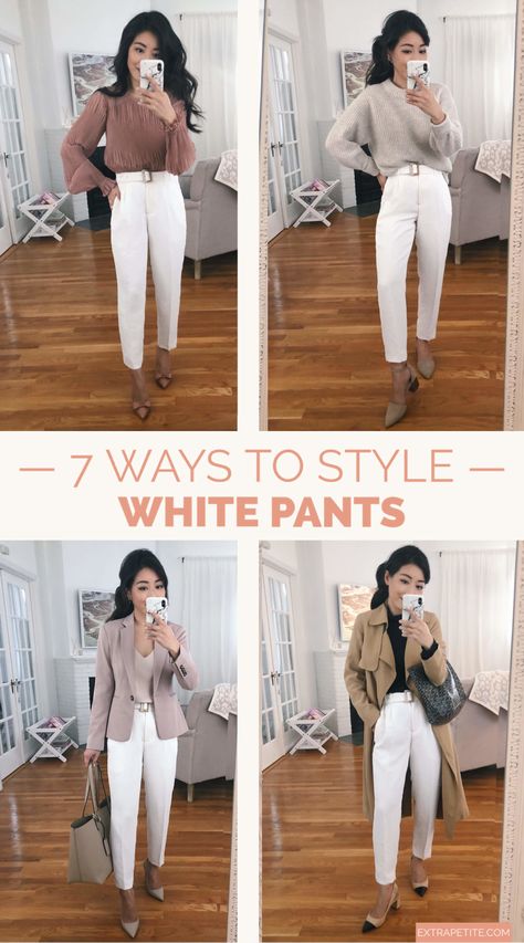 7 ways to style high-waisted white trousers // On the blog I'm styling this petite-friendly pair of Express pants into seven different outfits: from business casual to weekend casual. White Pants Outfit Business Casual, High Waist Work Pants Outfit, White Trousers Casual Outfit, Styling White Trousers Women, How To Style White Trousers Women, What To Wear With White Trousers, White Trouser Pants Outfit, Business Casual White Pants, White Slacks Outfit Work