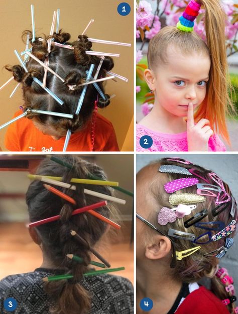 Crazy Hair Day Girls Easy, Easy Last Minute Hairstyles, Crazy Hair Styles, Last Minute Hairstyles, Crazy Hair For Kids, Crazy Hair Day Ideas, Spirit Day, Diy Hair Accessories Ribbon, Wacky Hair Days